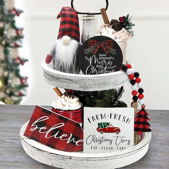 Other - New Believe Merry Christmas Wooden Signs & Buffalo Plaid Gnomes Plush Set Decor
